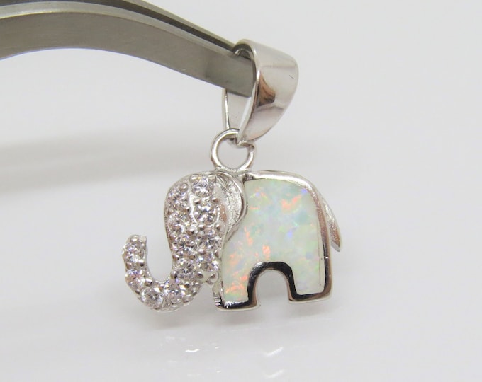 Vintage Sterling Silver White Opal & White Topaz Elephant Pendant.