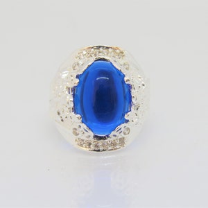 Vintage Sterling Silver Blue Sapphire Cabochon Mammon Wealth God, Money Coin Ring Size 9.5