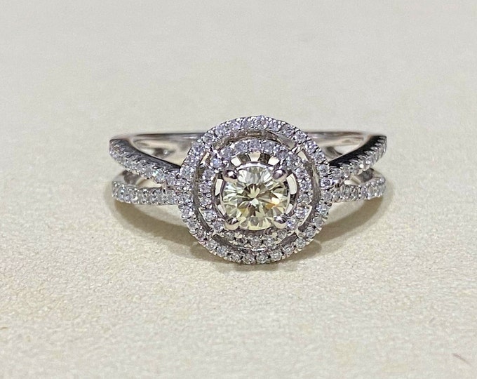 14K White Gold .64ctw Round Cut Fancy Light Yellow Diamond Halo Engagement Ring Size 7