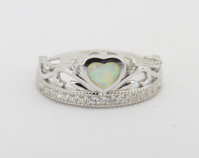 Vintage Sterling Silver Inlay Fire Opal & White Topaz Crown Ring Size 7