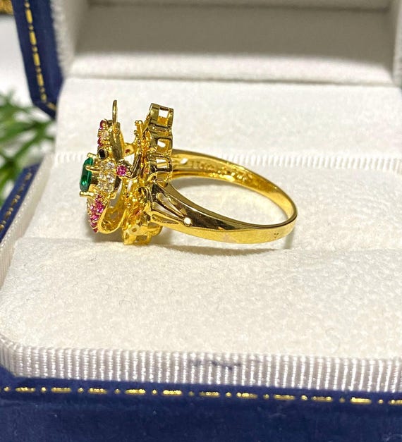 Vintage 15K Gold Frog Ring Emerald, Ruby, Topaz, … - image 5