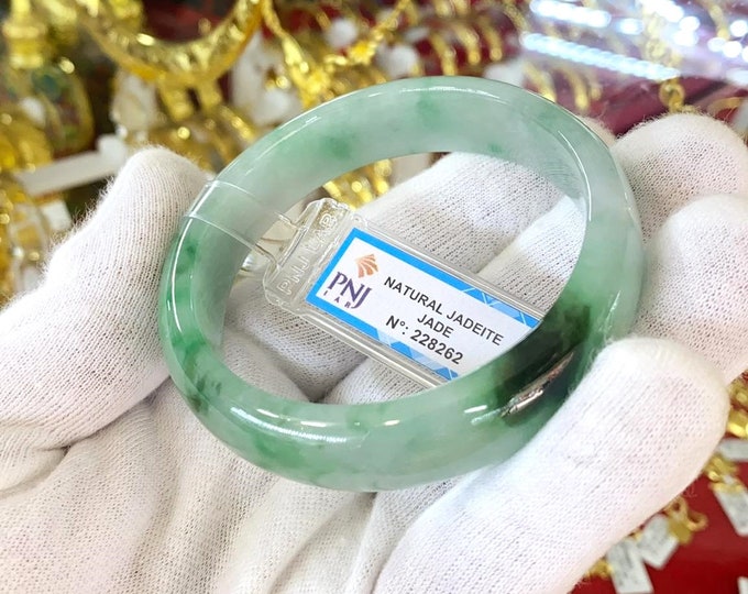 Vintage Translucent Natural Green, White Jadeite Jade Bangle Bracelet 57.8MM