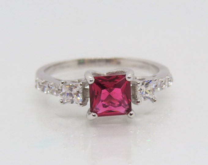 Vintage Sterling Silver Princess Ruby & White Topaz Engagement Ring Size 8