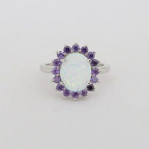 Vintage Sterling Silver White Opal & Amethyst Halo Ring Size 4