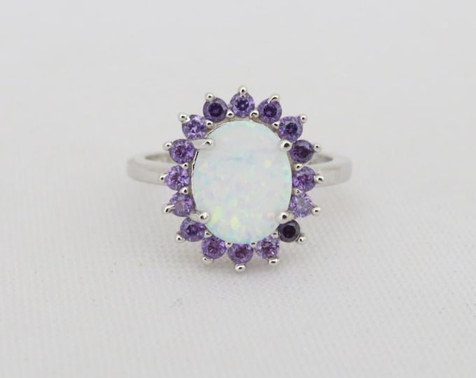 Vintage Sterling Silver White Opal & Amethyst Halo Ring Size 4