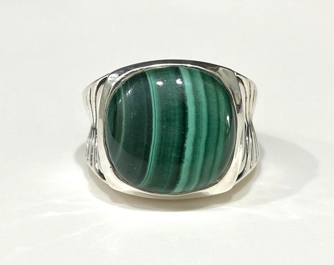 Vintage Sterling Silver Natural Malachite Men's Ring Size 10