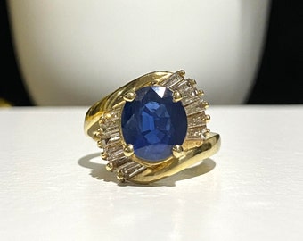 Vintage 14K Solid Yellow Gold Natural Blue Sapphire & Diamond Ring Size 5.25