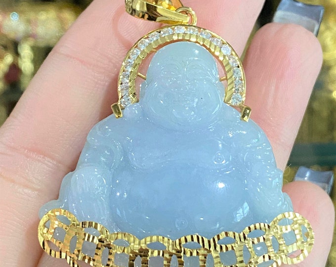 Vintage 18K Solid Yellow Gold Lavender, Green Jadeite Jade, White Topaz Laughing Buddha Happy Buddha Pendant