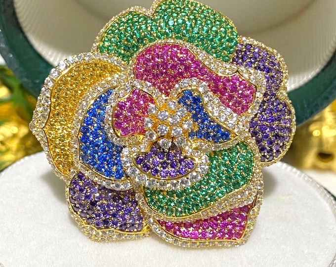 Vintage 15K Solid Gold Mixed Gemstone Rose Flower Ring Size 6.5
