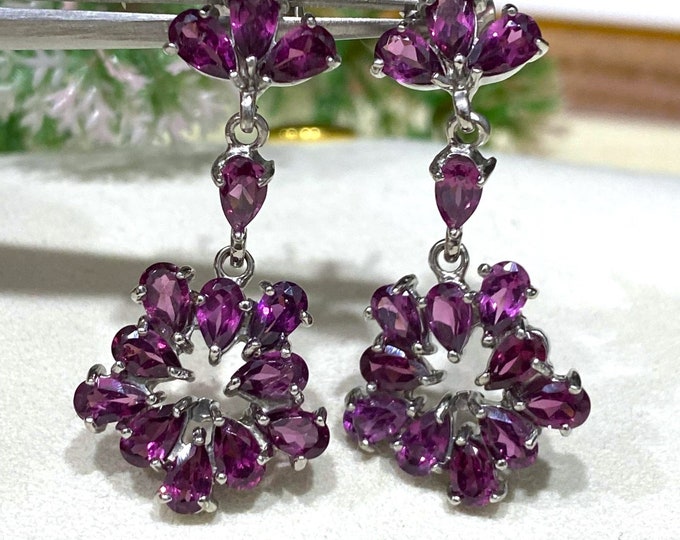 Vintage Sterling Silver Natural Rhodolite Dangle Earrings.