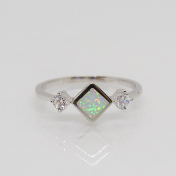 Vintage Sterling Silver White Opal & White Topaz Square Ring Size 8