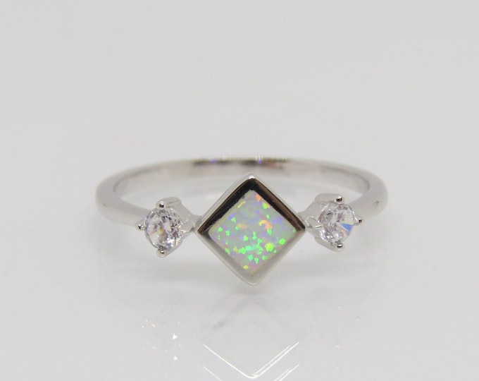 Vintage Sterling Silver White Opal & White Topaz Square Ring Size 8