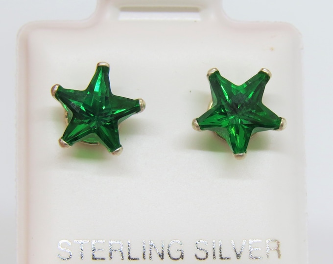 Vintage Sterling Silver Star cut Emerald Stud Earrings 7MM