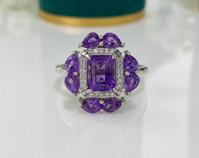 Vintage Sterling Silver Gemstone Ring Amethyst & White Topaz - Size 8 1/2