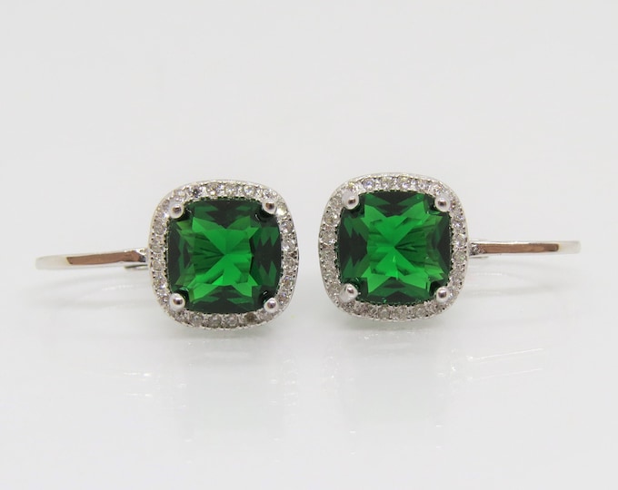 Vintage Sterling Silver Cushion cut Emerald & White Topaz Earrings