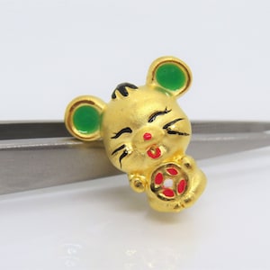 Vintage Pure 24K 9999 Gold Enamel Mouse Rat Charm Bead Pendant Make for Bracelet