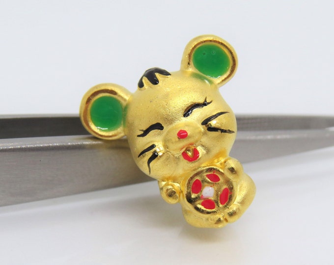 Vintage Pure 24K 9999 Gold Enamel Mouse Rat Charm Bead Pendant Make for Bracelet