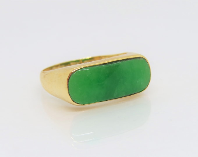 18K Solid Yellow Gold Green Jadeite Jade Saddle Vintage Ring Size 6