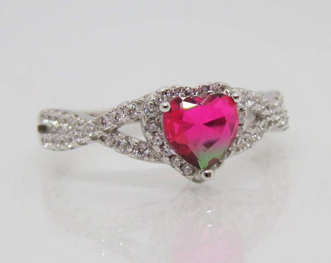 Sterling Silver Red Green Tourmaline & White Topaz Heart Ring Size 8