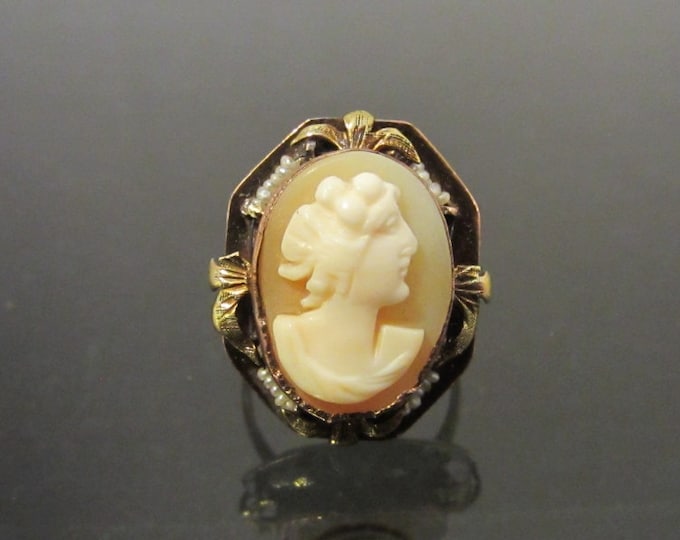 Antique Victorian 10K Solid YG Shell Cameo & Seed Pearl Ring Size 3.75