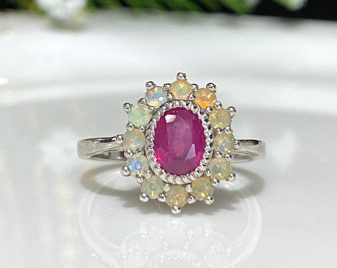 Vintage Sterling Silver Natural Ruby & Fire Opal Ring Size 8