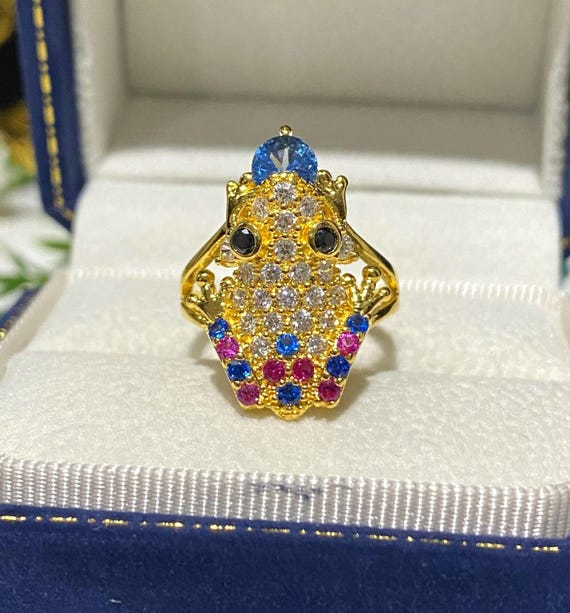 Vintage 15K Gold Frog Ring Sapphire, Ruby Topaz Eyes