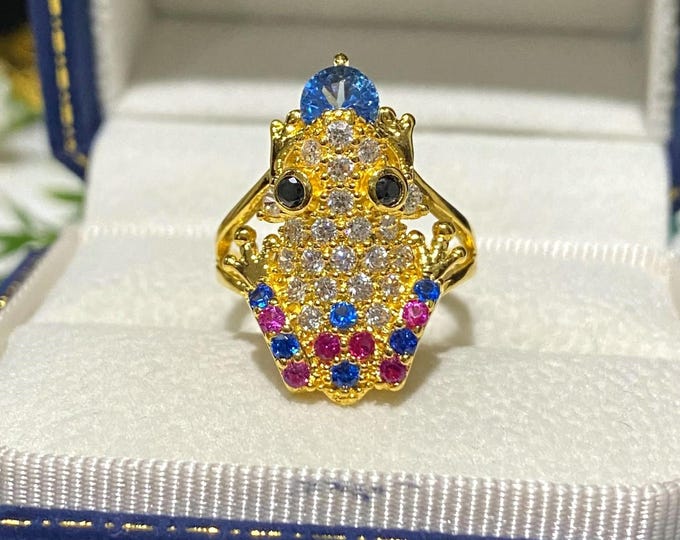 Vintage 15K 610 Solid Yellow Gold Blue Sapphire, Ruby & White Topaz Black Sapphire Eye's Frog Ring Size 6.5