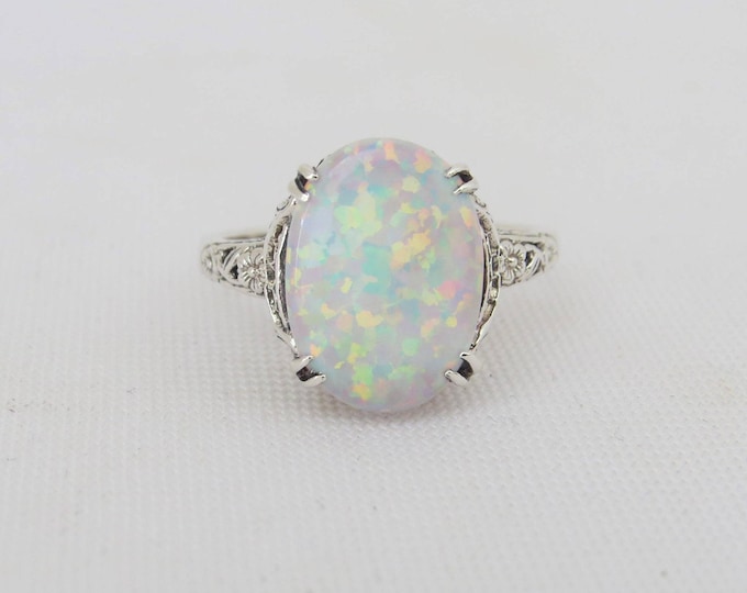 Vintage Sterling Silver White Opal Flower Filigree Ring Size 10