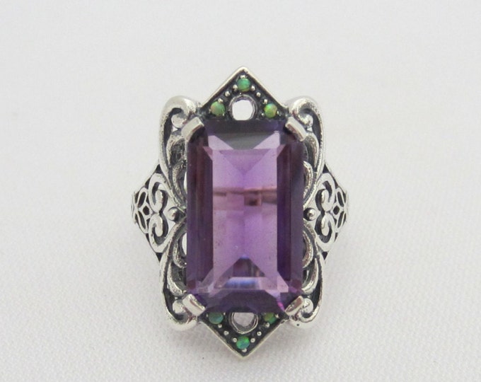 Vintage Sterling Silver Amethyst & Green Opal Filigree Ring Size 9