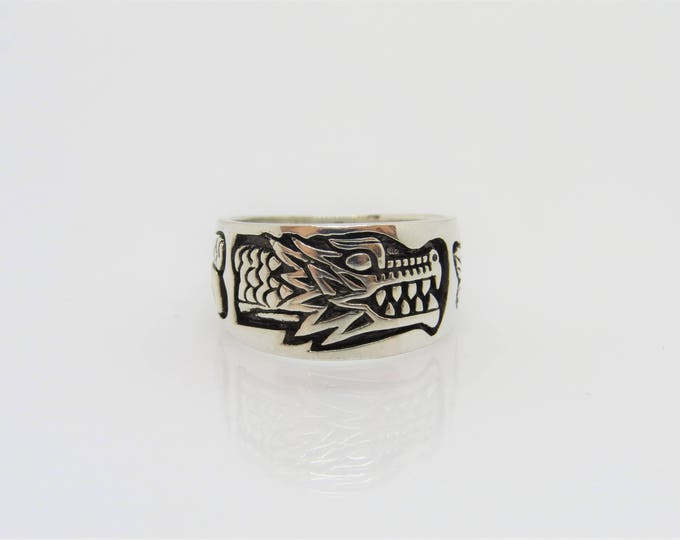 Vintage Sterling Silver Carved DRAGON Unisex Band Ring Size 9