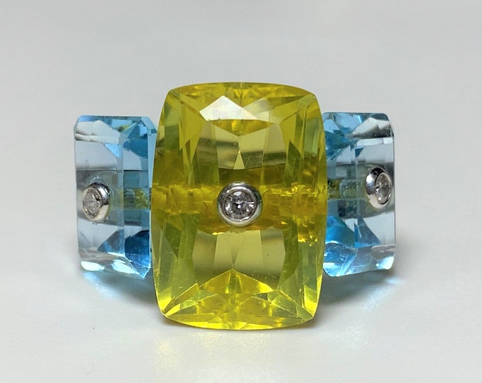 Vintage 18k White Gold 17.09ct Three Stone Citrine, Aquamarine Diamond Ring Size 5.5