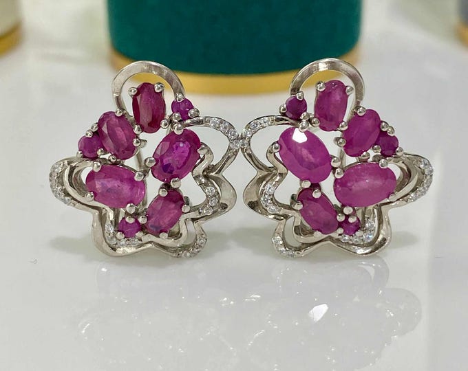 Vintage Sterling Silver Natural Oval cut Ruby & White Topaz Earrings.