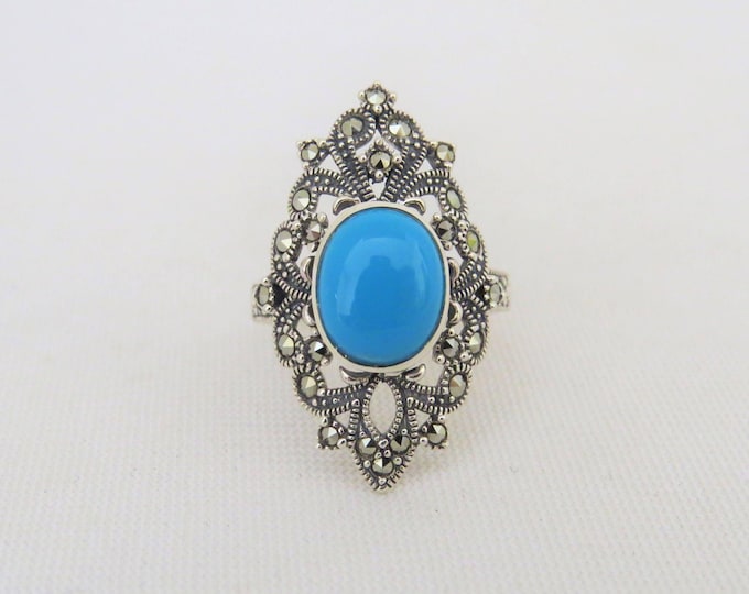 Vintage Sterling Silver Turquoise & Marcasite Ring Size 7