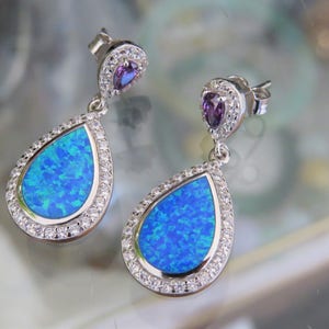 Pendientes vintage de plata de ley con ópalo azul, amatista y topacio blanco