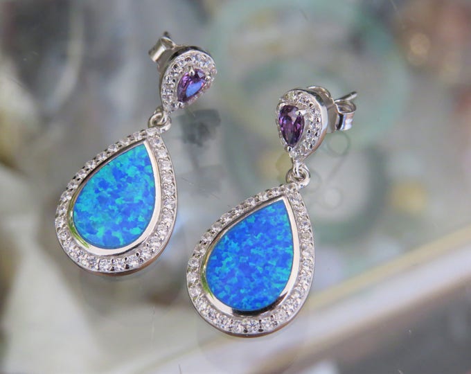 Vintage Sterling Silver Blue Opal , Amethyst & White Topaz Earrings