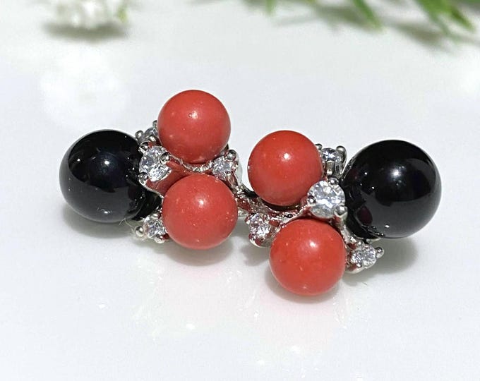 Vintage Sterling Silver Natural Red Coral & Black Onyx, White Topaz Pendant.