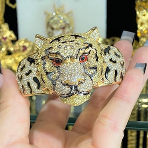 Vintage 18K Solid Gold Enamel White Topaz Tiger Bangle Bracelet 7 1/2''