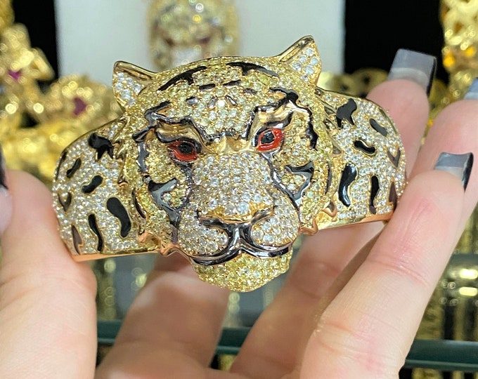 Vintage 18K Solid Gold Enamel White Topaz Tiger Bangle Bracelet 7 1/2''