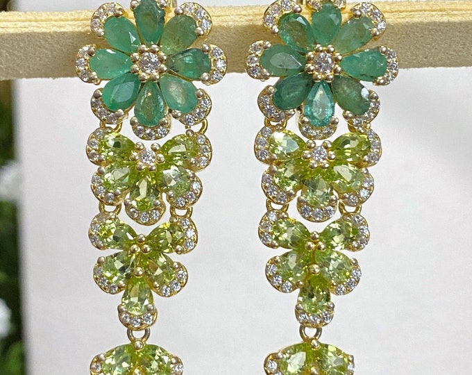 Vintage Sterling Silver Yellow Gold Plate Natural Emerald, Peridot & White Topaz Flower Earrings.