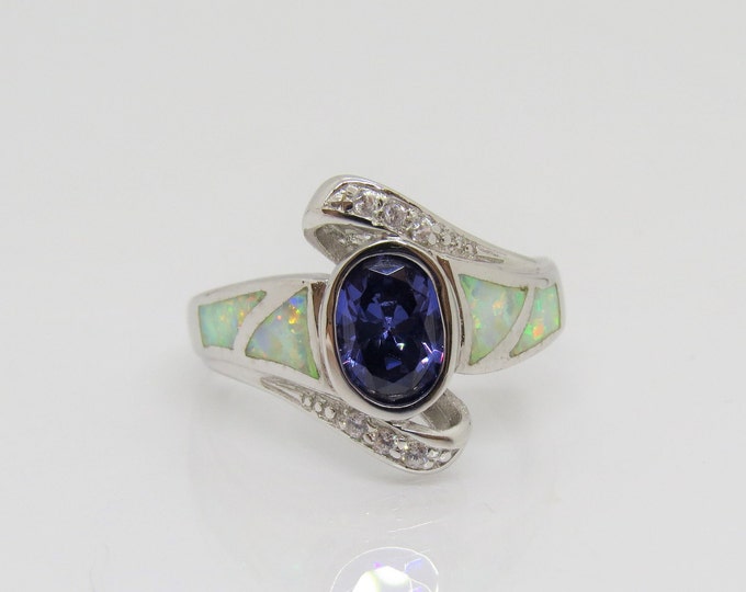 Vintage Sterling Silver Tanzanite & White Opal, White Topaz Ring Size 6