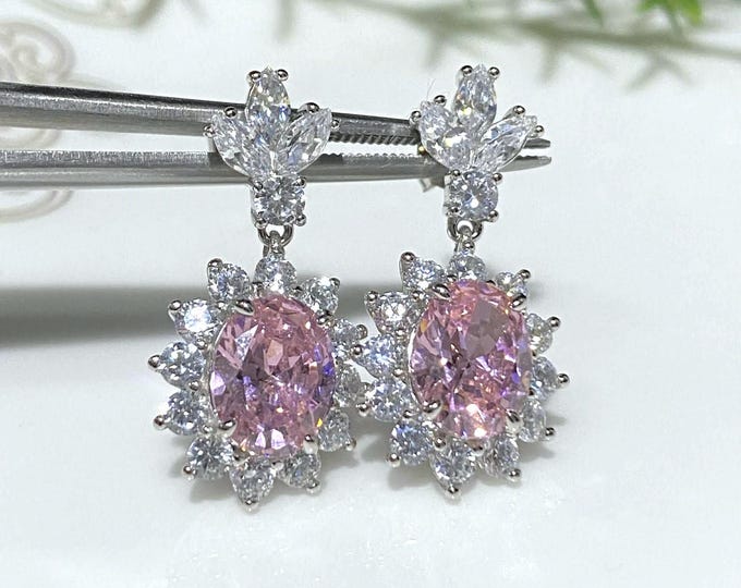 Vintage Sterling Silver Pink Sapphire & White Topaz Dangle Earrings.