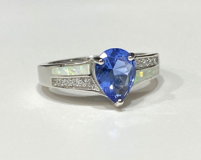 Sterling Silver Tanzanite, White Opal & White Topaz Ring.