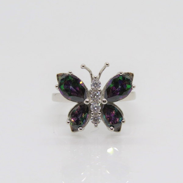 Vintage Sterling Silver Rainbow Topaz & White Topaz Butterfly Ring.