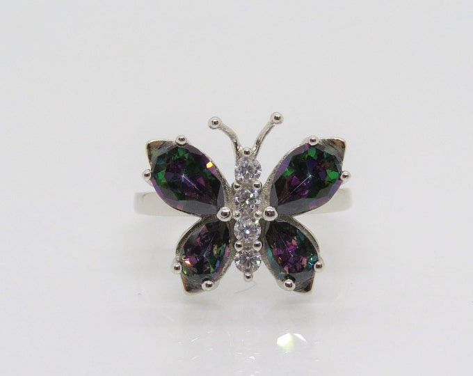 Vintage Sterling Silver Rainbow Topaz & White Topaz Butterfly Ring.