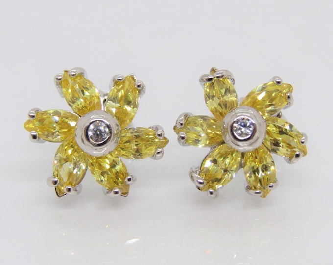 Vintage Sterling Silver Marquise cut Citrine & White Topaz Flower Earrings