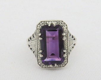Vintage Sterling Silver Amethyst Filigree Ring Size 7
