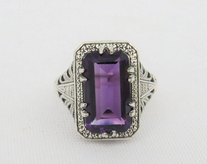 Vintage Sterling Silver Amethyst Filigree Ring Size 7