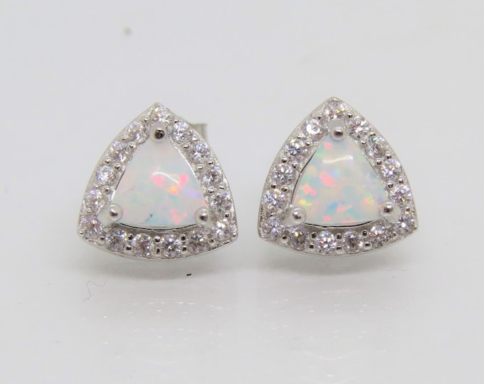 Vintage Sterling Silver Fire Opal & White Topaz Halo Earrings
