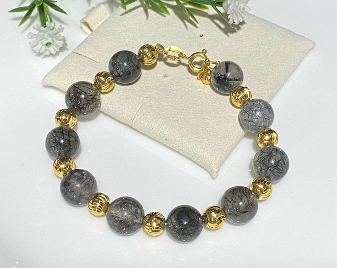 Vintage 18K Solid Yellow Gold Diamond cut Balls Natural Black Hair Rutile Bead Bracelet 6 1/2''