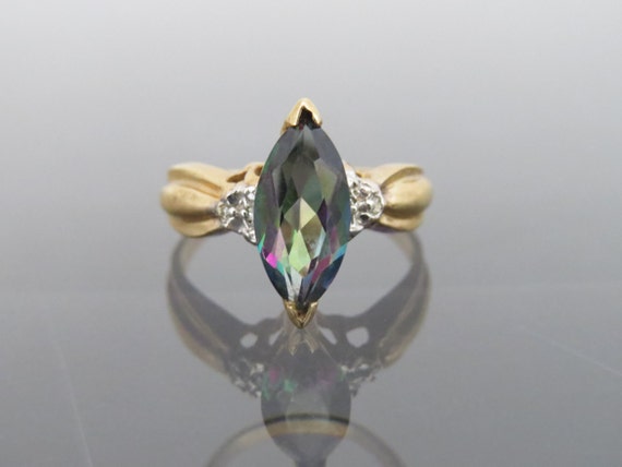 Vintage 10K Solid Yellow Gold Ring Mystic Topaz Marquis Cut